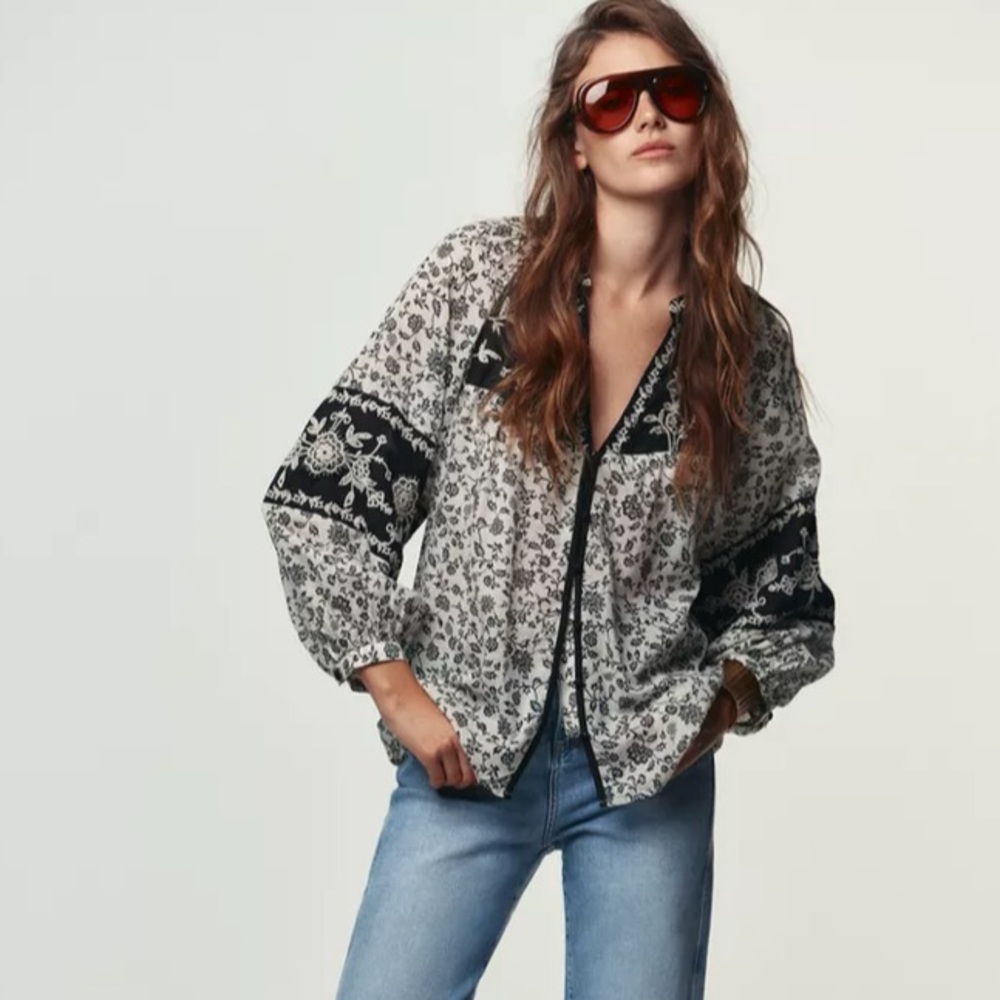 Zara Black and White Floral Embroidered and beaded fabric boho blouse, cotton